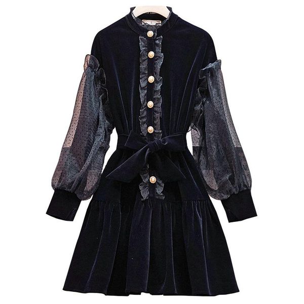 

casual dresses plus size spring autumn women western style french retro mesh belt long-sleeved velvet dress for one-piece, Black;gray