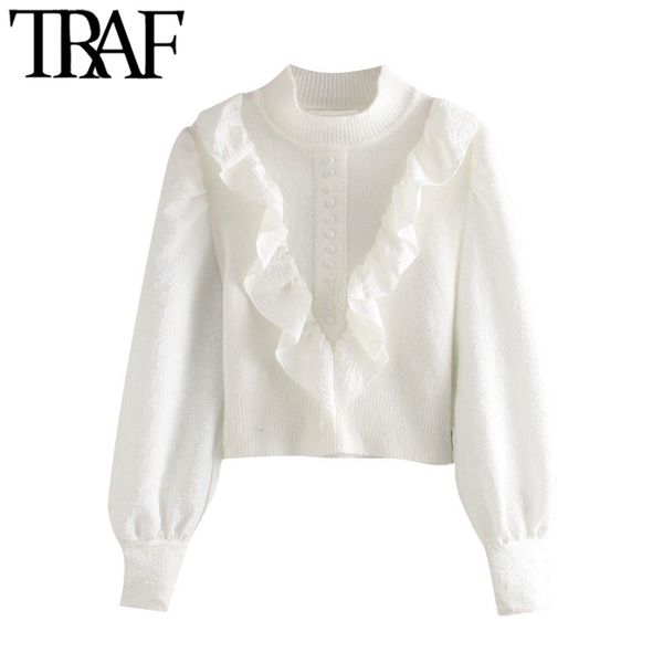 

traf women fashion patchwork ruffled knitted sweater vintage high neck lantern sleeve female pullovers chic 210415, White;black