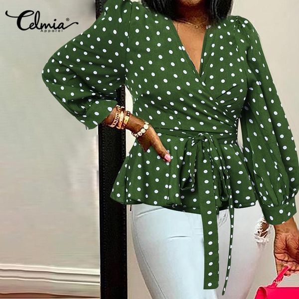 

women's blouses & shirts women polka dot print fashion deep v neck shirt celmia 2021 elegant office lady bandage tunic ruffles blusas f, White