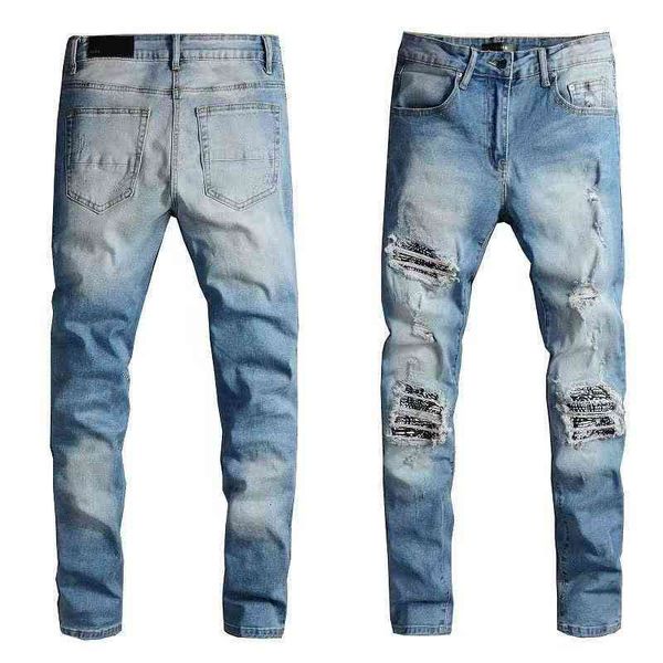 

new am pierced jeans 2021 men's elastic slim pants, Blue
