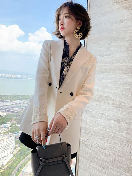 

women's tracksuits suit collar double-breasted bead decoration mid-length versatile solid color jacket 2021 early autumn, Gray