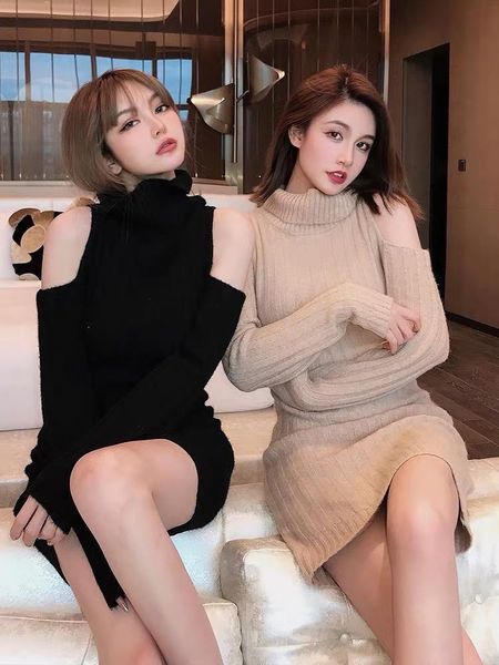 

casual dresses knitted imitation yak wool yarn black ash color card third fall winder temperament off-the-shoulder turtleneck dress, Black;gray