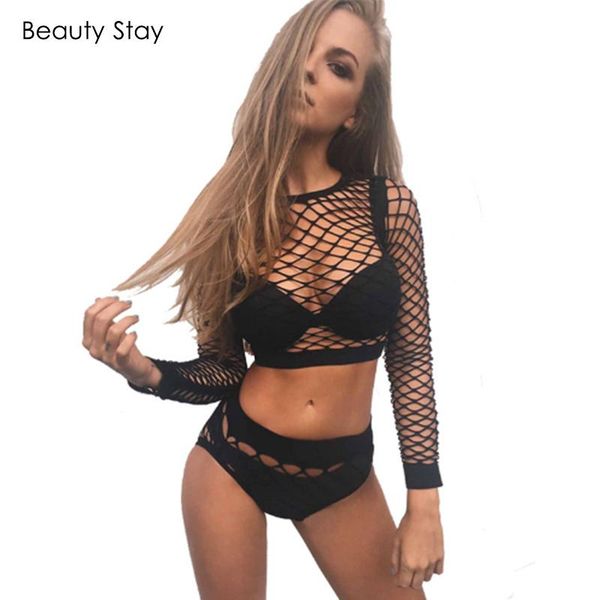 

women's jumpsuits & rompers beautystay women hollow out fish net mesh bodysuit two piece set long sleeve stripper club jumpsuit overall, Black;white