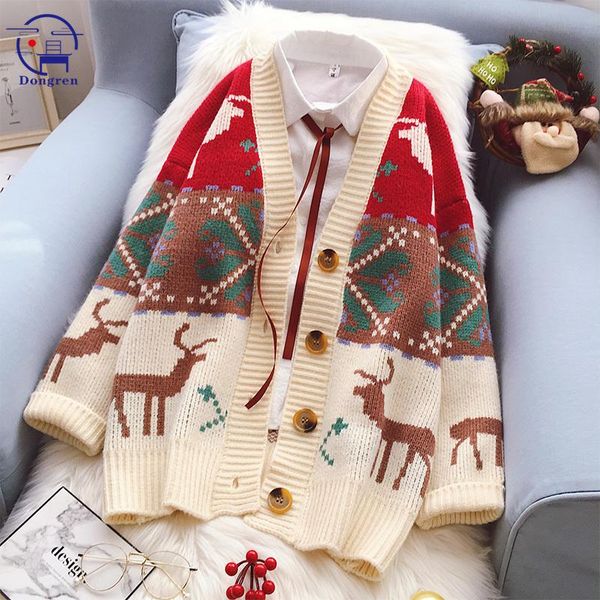 

women's jackets autumn winter knitted female cardigan loose streetwear knit sweater coat v neck christmas deer jacket, Black;brown