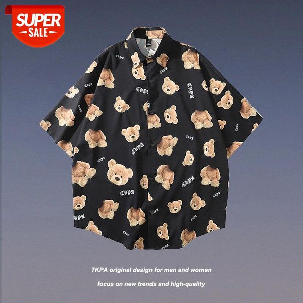 

tkpa broken bear flow loose student shirt retro couple wear male short sleeve #rt2q, White;black