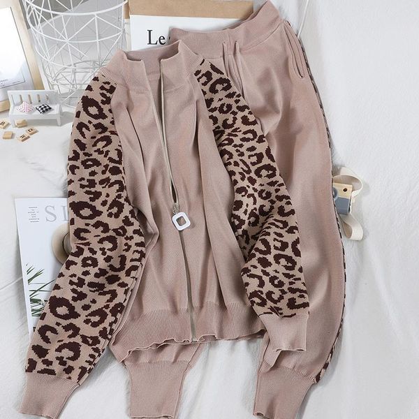 

women's two piece pants women's autumn winter knitting leopard set casual chic zipper cardigans + long ladies knitted tracksuits, White