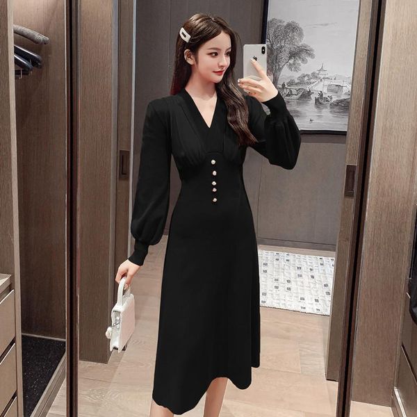 

casual dresses vintage solid color knitted mid-calf dress female 2021 autumn women v-neck long sleeve slim women's clothing, Black;gray