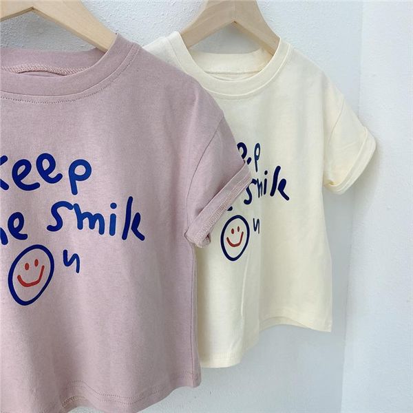 

summer girls t shirt smile print tees korean casual kids clothes short sleeve, Blue