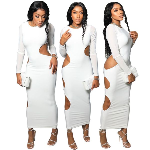 

women casual dresses designer slim hollow out round neck fitness solid color long sleeve ankle length midi dress ladies party skirt clubwear, Black;gray