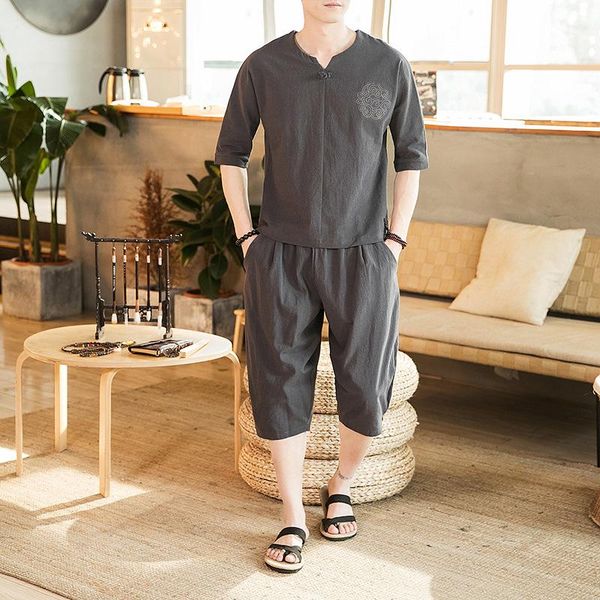

men's tracksuits style chinese-style set cotton linen three-quarter sleeve t-shirt capri pants wear summer solid color leisure suit, Gray