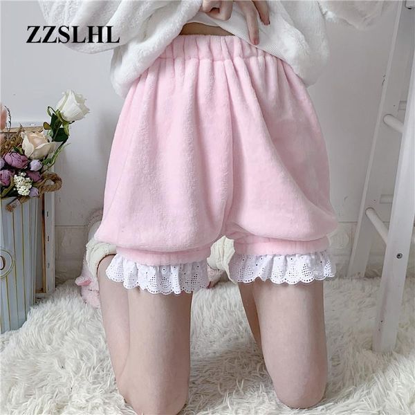 

winter cute lolita girls warm velvet shorts sweet high waist lace women's plush summer kawaii bloomers pink white, White;black