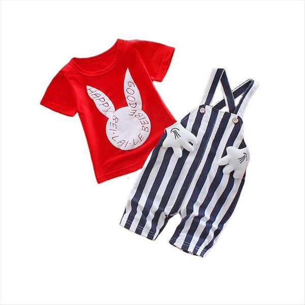 

summer childrens clothing cute boys girls casual t shirts striped overalls 2pcs set toddler cartoon cotton kids clothes suits, White