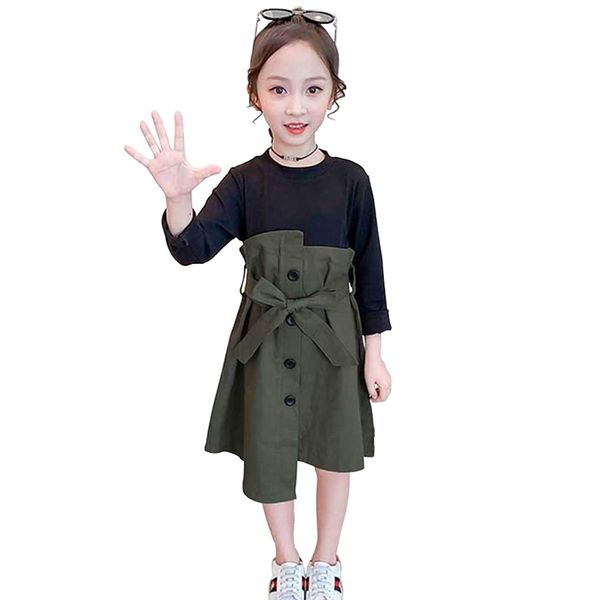 

girls dress patchwork fake 2pcs dress for girls korean slim kids party dress with bow belt spring novelty clothes for girls 210331, Red;yellow