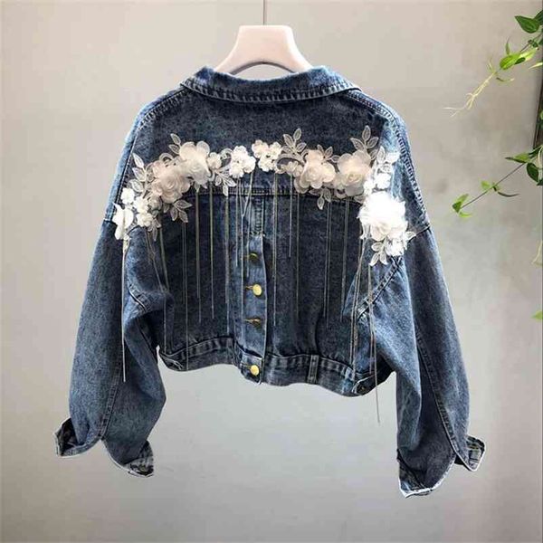 

spring autumn fashion high street women long sleeve floral tassel denim coat female short jacket a860 210519, Black;brown