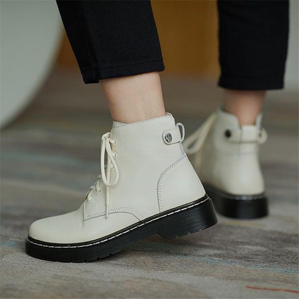 

boots winter women 2021 genuine leather round toe flat shoes lace up for ankle, Black