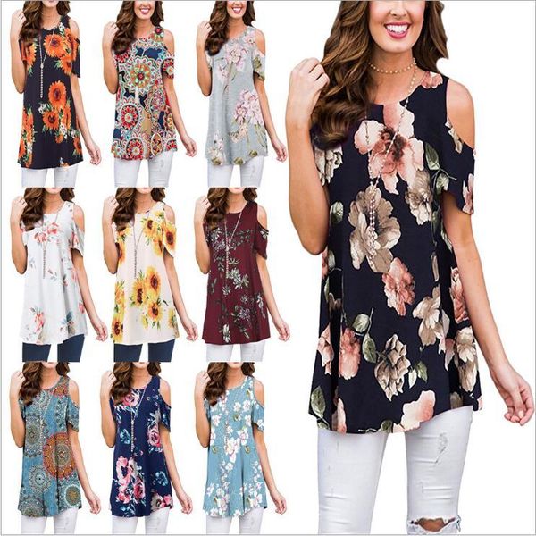 

women t-shirt floral flower shirts summer casual off shoulder print tees round collar short sleeve blouse blusas vestidos costume b5992, White