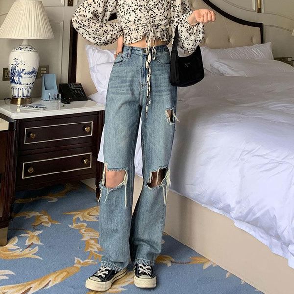 

women's jeans blue loose ripped retro wide-leg women high waist street apparel mopping trousers harajuku mom washed pants 2021 autumn