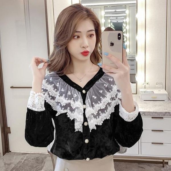 

autumn winter women korean long sleeves ruffles v-neck shirts female single breasted basic velour blouses s164 women's &, White