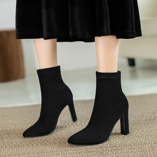 

boots and autumn winter 2021 short women's elastic pointed thick heel middle tube british bare thin, Black