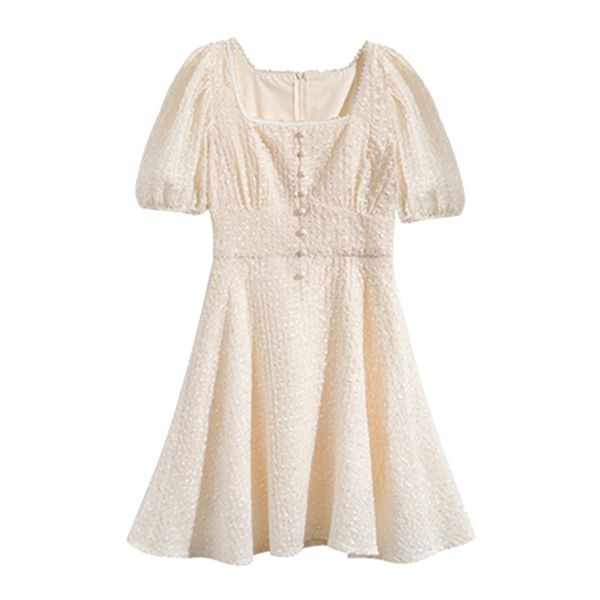 

beige solid short sleeve mini dress slash neck button summer women female d1778 210514, Black;gray