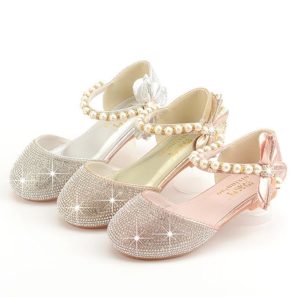 

flat shoes fashion princess kids leather for girls dress shoe glitter children high heel butterfly knot gold pink silver, Black;grey