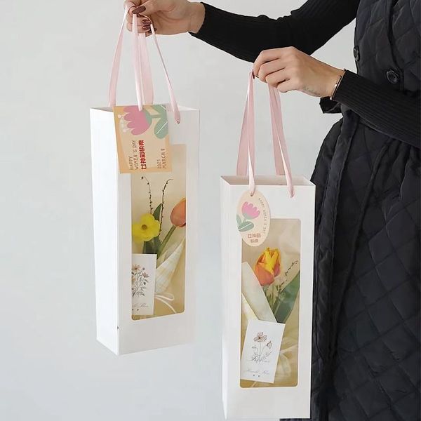 

transparent window flower handbags white pink portable packing box wedding bouquet gift wrapping bag party supplies wrap