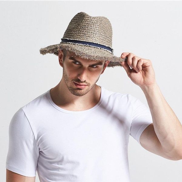

stingy brim hats male raffia sun hat wide spring british cap men's outdoor summer travel panama straw b-7736, Blue;gray