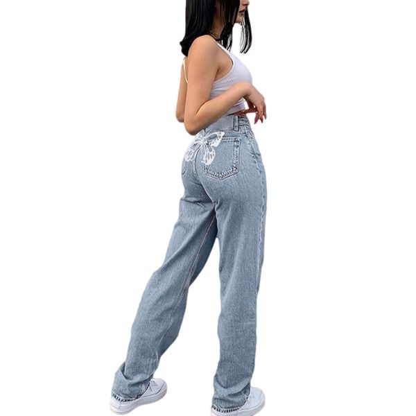

hip butterfly print y2k harajuku fashion jeans women streetwear casual baggy straight high waist mom denim oversize 90s, Black;white