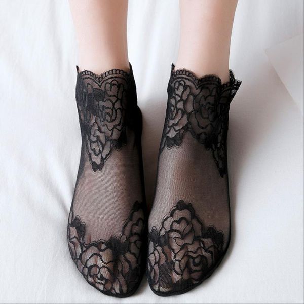 

socks hosiery lace thin cotton medium tube spring summer sweat absorbing and antiskid invisible boat women's socks, Black;white