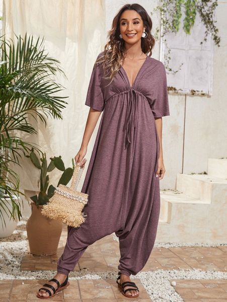 

solid tie front harem jumpsuit h6s4#, White