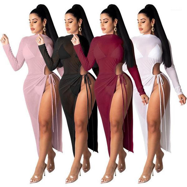 

Fashion Autumn Hollow Out Bandge Slim Gauze Dress Female Clothing Long Sleeve Women Clothes Streetwear Casual, Wine red