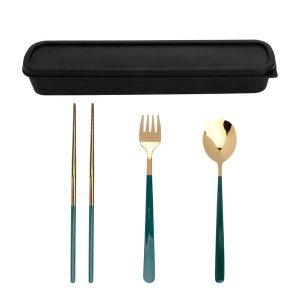 

flatware sets 1 set 304 stainless steel portable tableware fork spoon chopsticks (green gold)