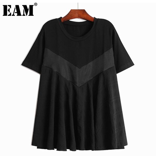 

[eam] women black ruffles big size patchwork t-shirt loose round neck short sleeve fashion spring summer 1dd6604 210512, White