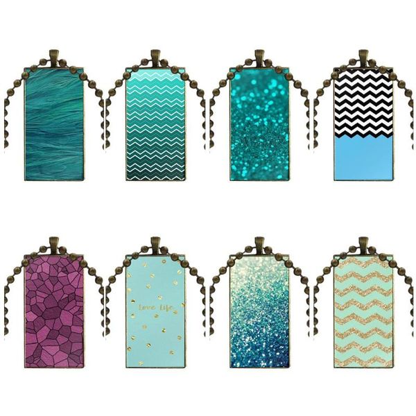 

necklace fashion long chain with rectangle jewelry for women men green mint blue glitter print chevron pendant necklaces, Silver