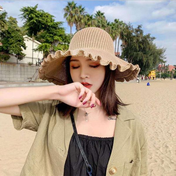 

wide brim hats summer solid color straw hat women big beach simple foldable travel sun sunscreen uv resistant elegant cap, Blue;gray