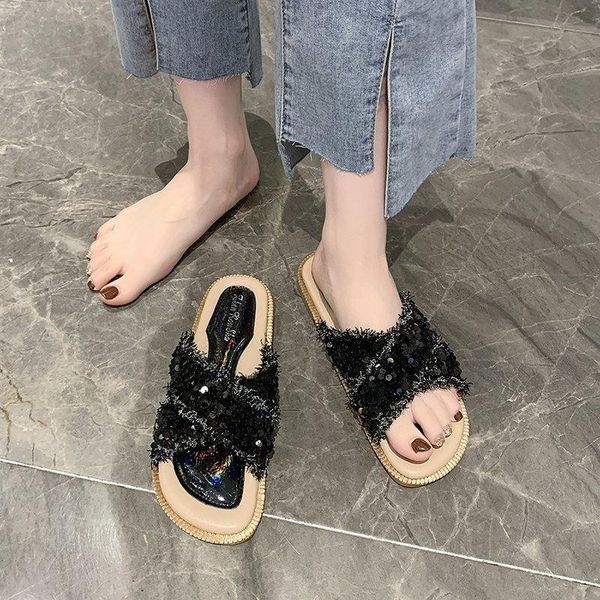 

slippers shoes women flat low luxury slides pantofle shale female beach soft designer 2021 sabot fashion fabric rubber bling, Black