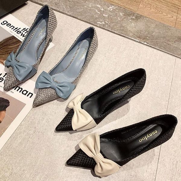

dress shoes 2021 fashiopn women costume tweed pumps bowtie pointed toe high heels ladies thin heel boat shoe 7cm, Black