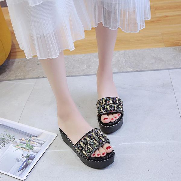 

slippers summer crystal slides women sandals heel torridity sandal shoes handmade bohemia female outdoor, Black
