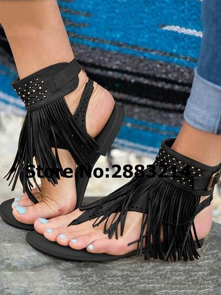 

sequins suede lady ankle wrap sandals ethnic style fringe tassel thong flat buckle strap rome casual beach shoes size 44, Black