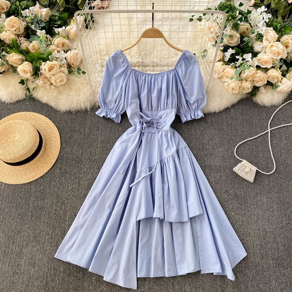 

singreiny design irregular strap dress women korean square collar puff sleeve a-line dress summer fashion streetwear short dress 210419, Black;gray