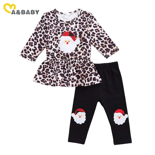 1-5Y Toddler Çocuk Kızlar Noel Giysileri Set Leopar Noel Baba T Shirt Tunik Pantolon Noel Kıyafetleri Çocuk Kostümleri 210515