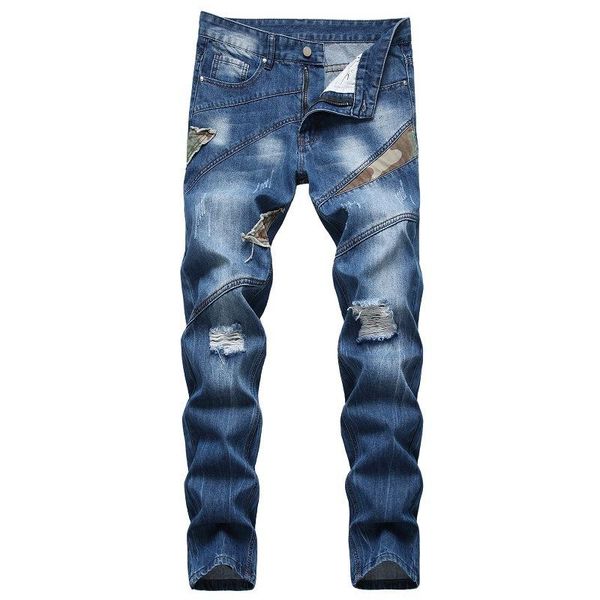 

men's jeans 2021 ripped youth cool stitching, Blue