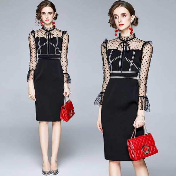 

women elegant pencil dress festa office lady party robe femme vintage designer black dot mesh vestidos casual dresses, Black;gray