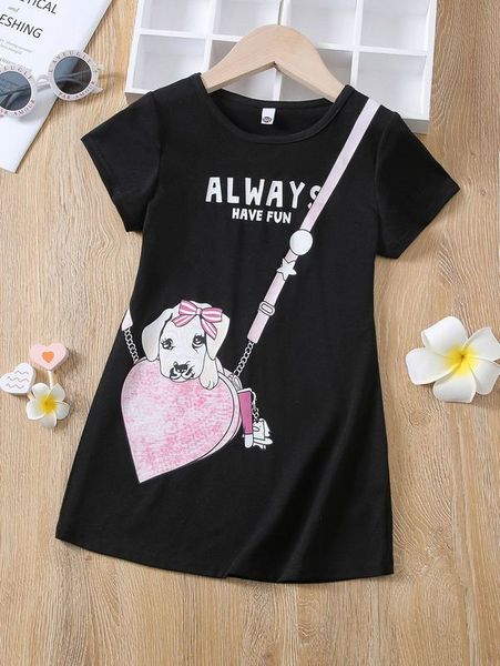 

toddler girls slogan & dog print tee dress she, Red;yellow