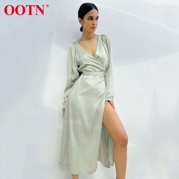 

casual dresses ootn slit deep v satin elegant for women puff sleeve lace up a-line midi dress lady mid-calf long green, Black;gray