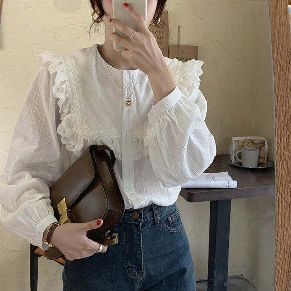 

dress patchwork lace lapel elegant white stylish slim blouses women chic gentle loose shirts female blusas