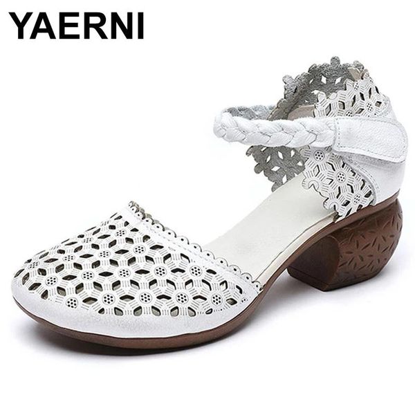 

sandals yaerni summer shoes women 2021 round toe retro genuine leather casual thick heel comfortable cutout, Black