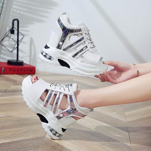 

sandals arrival 2021 summer platform women 11cm wedges thick bottom casual shoes comfortable white lace-up sneakers, Black