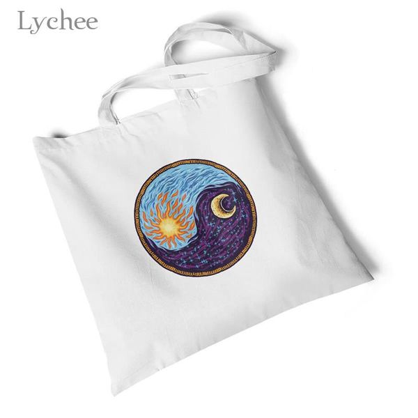 

shopping bags lychee harajuku yinyang print white canvas bag environmental reusable original handbag foldable large shoulder travel