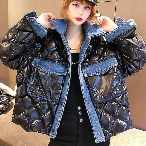 

women's down & parkas autumn winter korean denim contrast patchwork short parka cotton jacket women coat loose long sleeve padded outer, Black